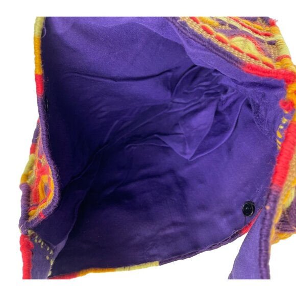 Vintage Handmade Colorful Yarn Embroidered Burlap Lined Tote Bag - Picture 8 of 10